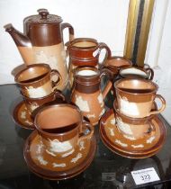 Royal Doulton stoneware hunting harvest series coffee set with coffee pot, two milk jugs, sugar bowl