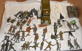 Britains WW2 motor ambulance with driver, personnel with stretchers, Bren gun carrier and crew,