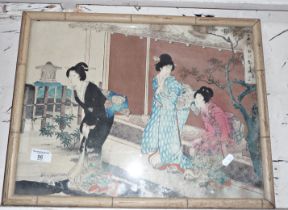 Japanese woodblock print of three Geishas in a house, signed, some mould under glass