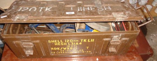 Military ammunition tin box for 120mm shell, and assorted clamps and other tools, etc.