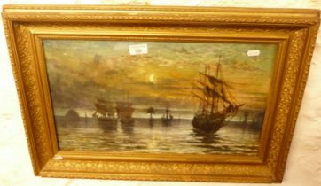 Hume Nisbet (1849 - 1923), oil on board of sailing ships becalmed at twilight, signed lower left,