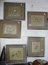 Five Chinese floral embroideries on silk, framed