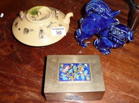 Japanese teapot, Chinese blue glazed foo dog and a Chinese brass and enamel box (broken hinge)