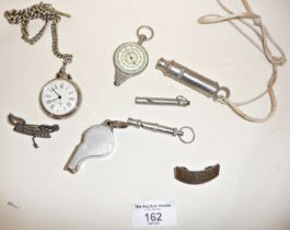 Two old whistles, a vintage map measurer or opisometer, a pocket watch etc
