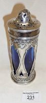 Art Nouveau silver sugar sifter with blue glass liner, 6" tall, maker Henry Williamson 1903,