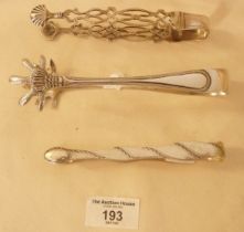 Two Georgian silver sugar tongs and a Victorian E.P.N.S. pair with claws