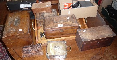 Various wooden boxes including tea caddies, a sardine dish (A/F) and others