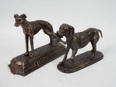 A pair of bronzed, cast iron, figures of dogs comprising a greyhound and a retriever,