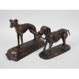 A pair of bronzed, cast iron, figures of dogs comprising a greyhound and a retriever,