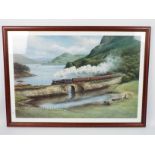 A large, framed, railway related print after Don Breckon entitled Skye Boat Train,