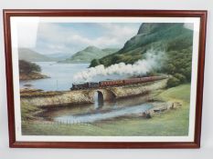 A large, framed, railway related print after Don Breckon entitled Skye Boat Train,