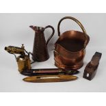 Mixed lot to include a Joseph Sankey copper jug (Neptune mark), weaving shuttles,