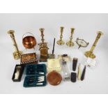 Mixed collectables to include brass candlesticks, desk ornaments, trinket box and similar.