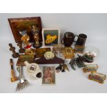 A mixed lot to include a clock, candlesticks, brassware and other,