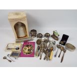 Lot to include a Bells whisky decanter with contents, plated ware and similar,