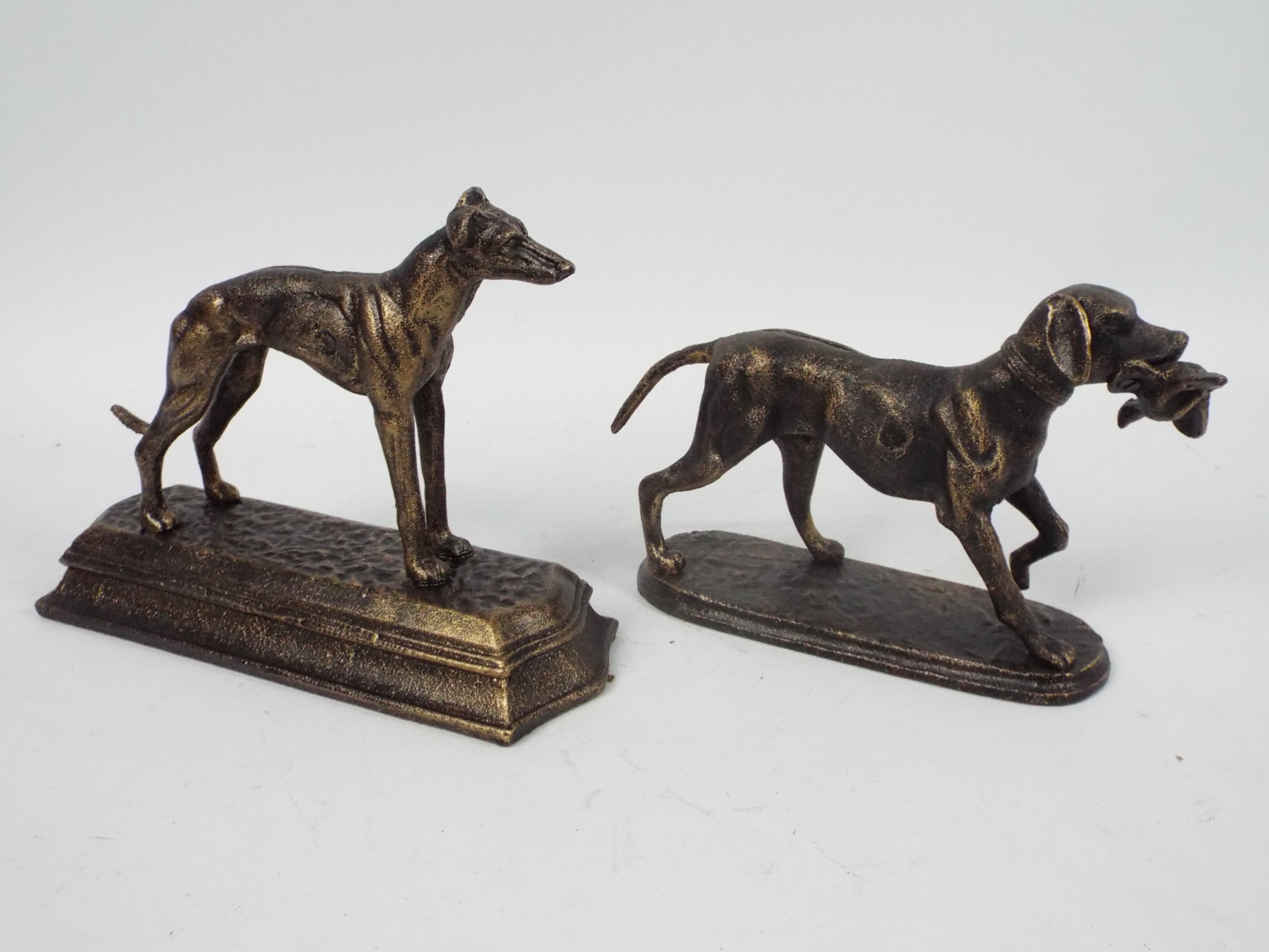 A pair of bronzed, cast iron, figures of dogs comprising a greyhound and a retriever, - Image 2 of 4