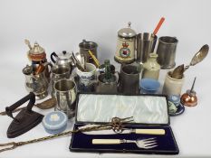 Lot to include pewter tankards, steins, flatware including a silver spoon (43 grams),