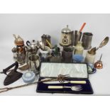 Lot to include pewter tankards, steins, flatware including a silver spoon (43 grams),