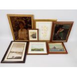 A collection of framed pictures includin