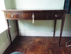 A bow front three drawer console table, approximately 81 cm x 122 cm x 57 cm.