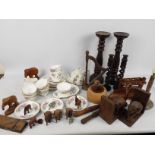 A quantity of Crown Trent floral tea wares and a box of treen including candlesticks,