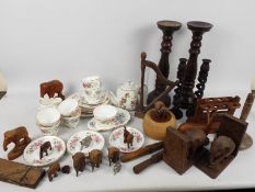 A quantity of Crown Trent floral tea wares and a box of treen including candlesticks,