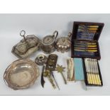 Lot to include plated ware, brassware, flatware, silver handled button hook.