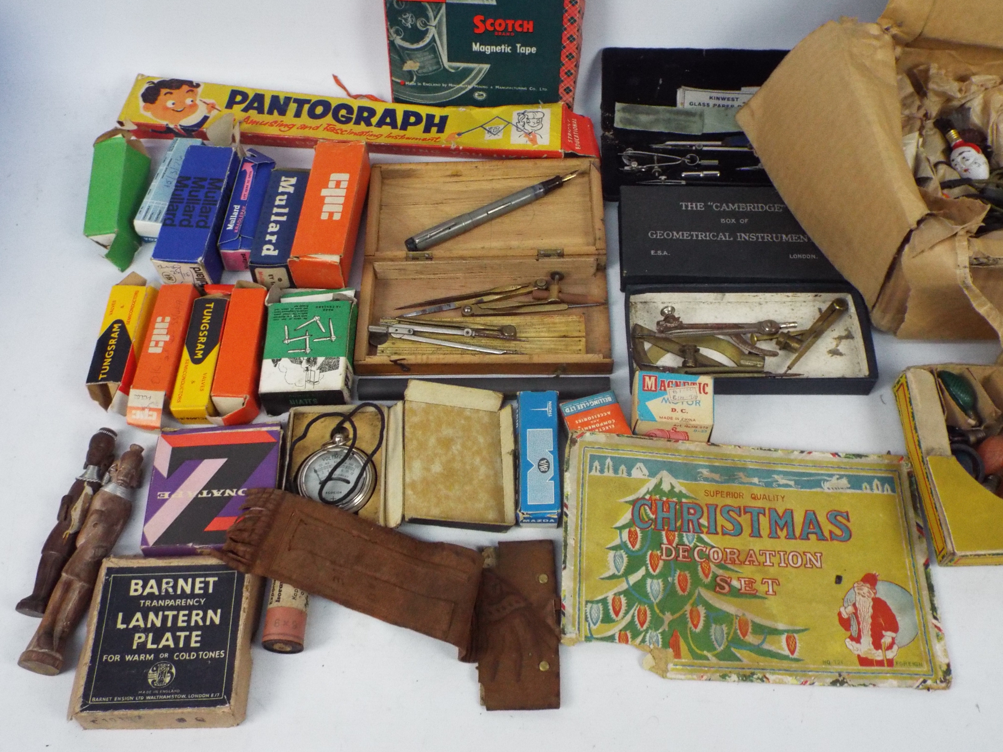 Lot to include boxed radio valves, vintage Christmas decorations, technical drawing sets and other. - Image 2 of 3