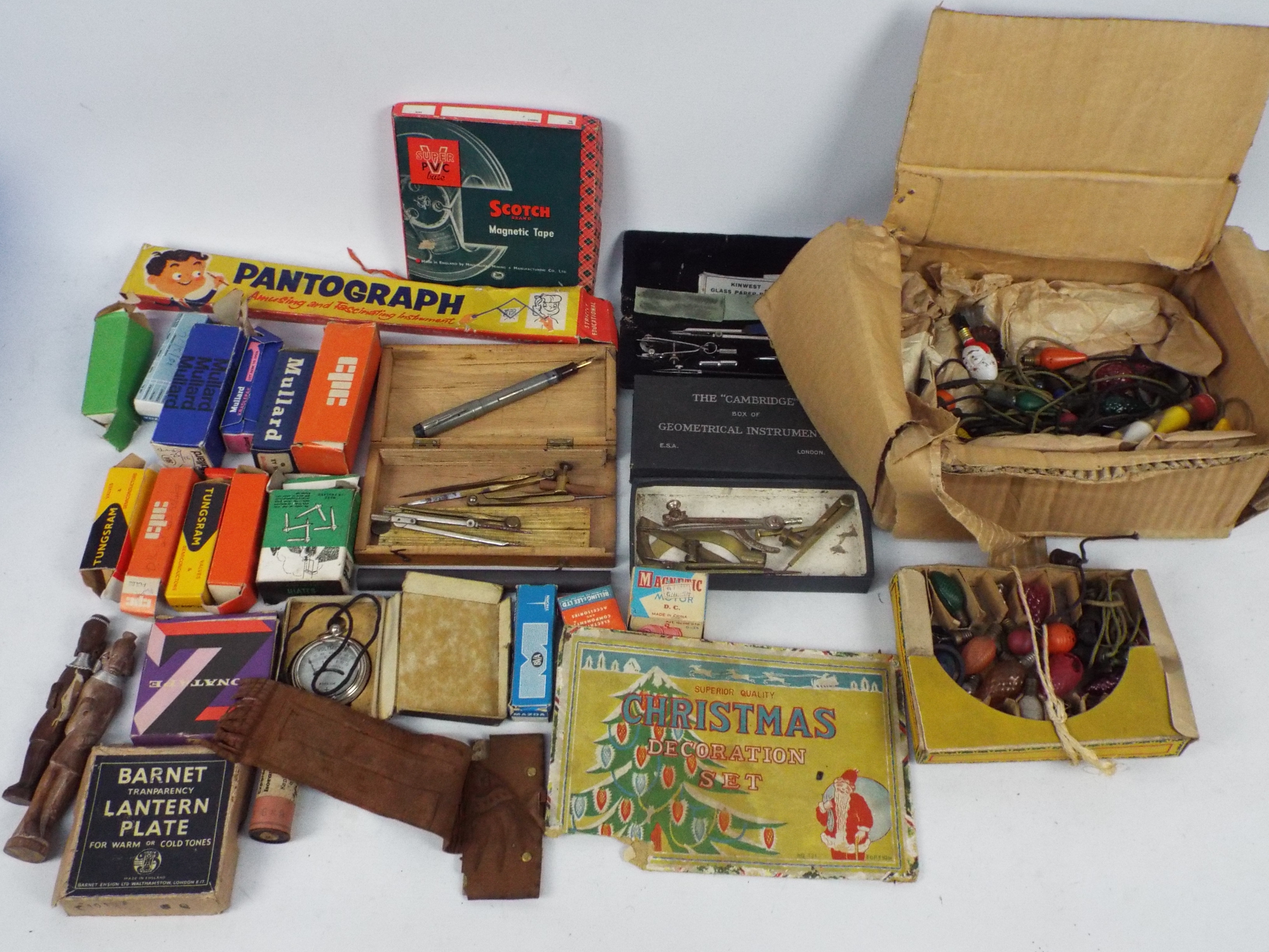 Lot to include boxed radio valves, vintage Christmas decorations, technical drawing sets and other.