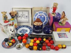 Lot to include boxed Piggin figures, ceramics, pool / snooker balls and other.