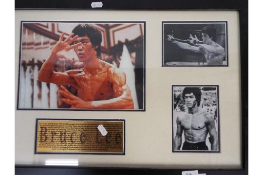 A framed Bruce Lee photograph montage with informational plaque, approximately 40 cm x 75 cm. - Image 3 of 4