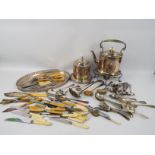 A quantity of plated ware to include spirit kettle and stand, tray,