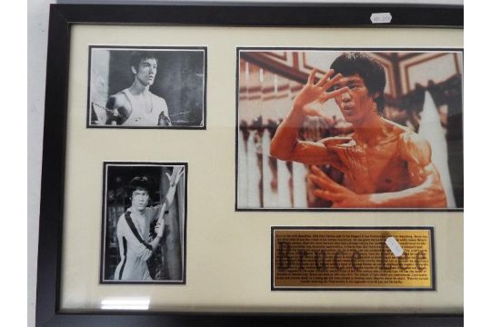 A framed Bruce Lee photograph montage with informational plaque, approximately 40 cm x 75 cm. - Image 2 of 4