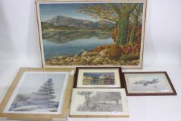 A framed oil on board landscape scene, a