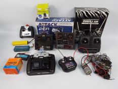 Lot to include radio control handsets, battery packs, electronic components, cables and similar,