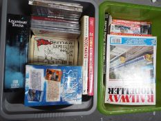 Two boxes of books, magazines and DVDs relating to trains, railway, model trains,