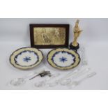 Lot to include an Oriental style figure, 24 cm (h), wood framed wall plaque, glass serving cutlery,