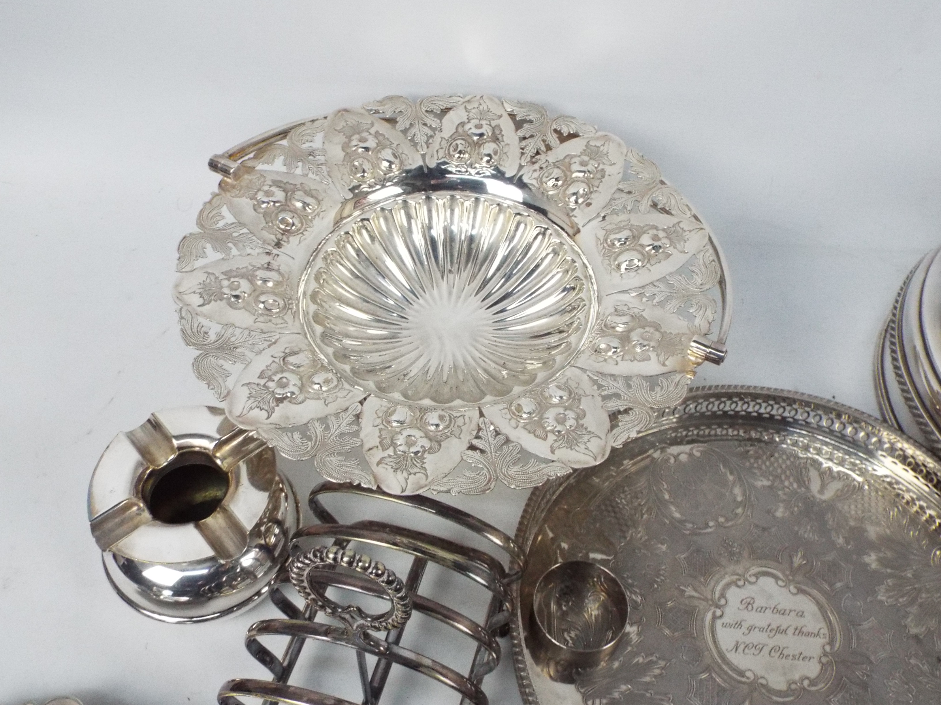 A collection of plated wares to include a cloche, tray, flatware and other. - Image 6 of 6