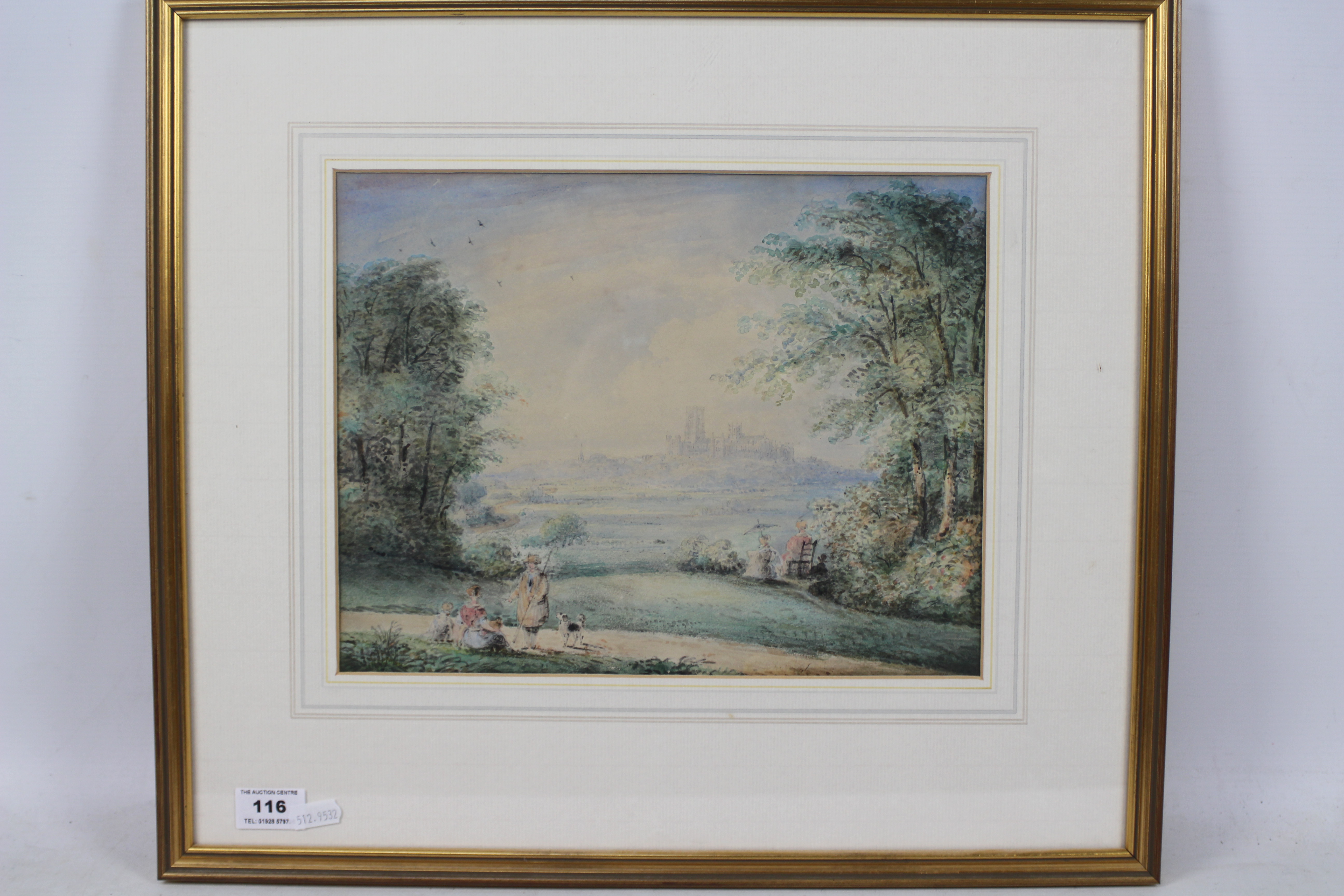 A watercolour landscape scene with figures in the fore and a hilltop edifice in the background,