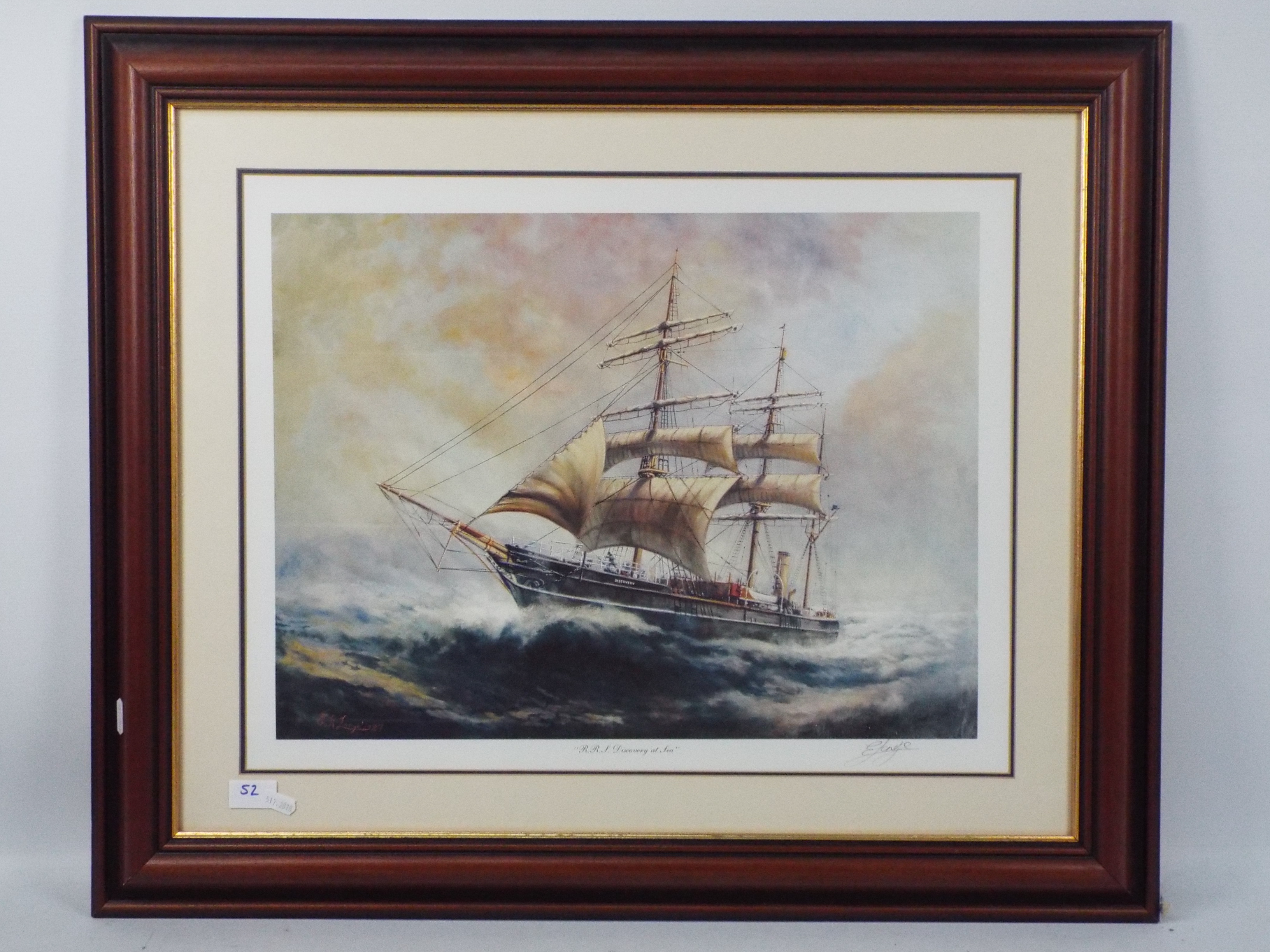 A large print depicting a sailing ship, signed in pencil by the artist to the margin,