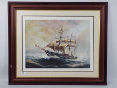A large print depicting a sailing ship, signed in pencil by the artist to the margin,