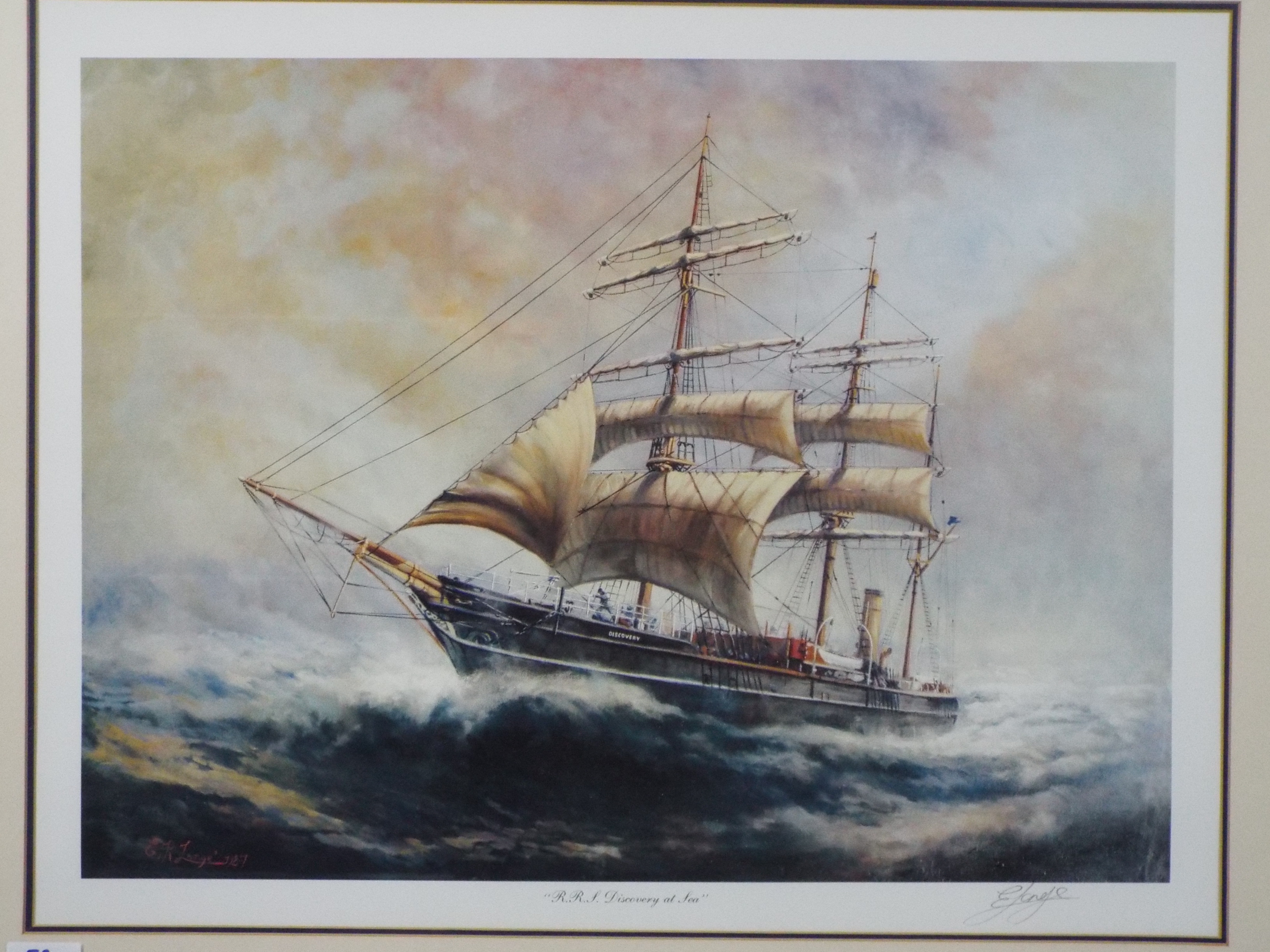 A large print depicting a sailing ship, signed in pencil by the artist to the margin, - Image 2 of 4