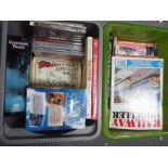 Two boxes of books, magazines and DVDs relating to trains, railway, model trains,
