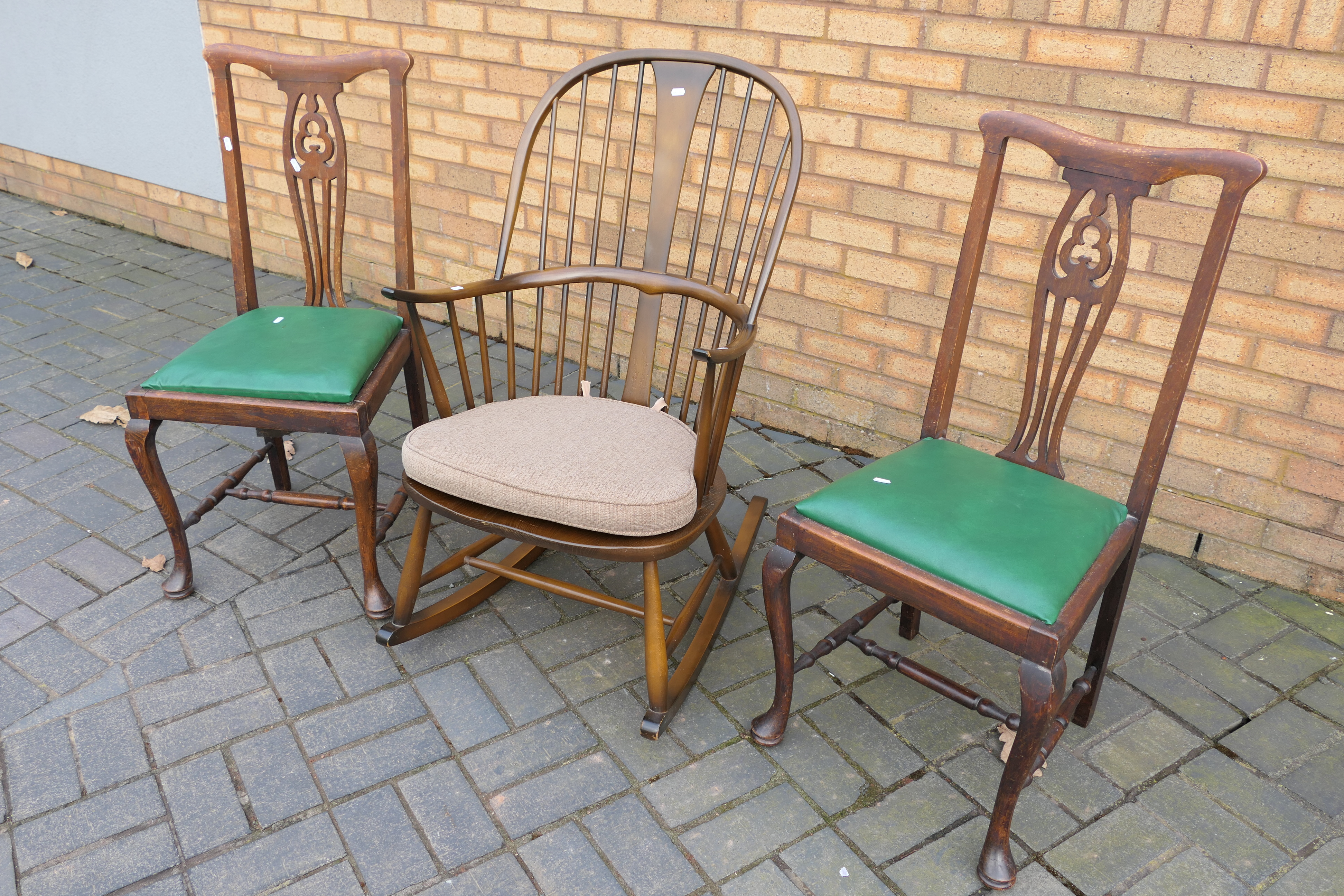 Ercol - An Ercol Chairmakers Windsor rocking chair (gold label) and two dining chairs. - Image 2 of 3