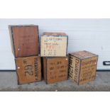 Five vintage metal bound, wooden tea chests, each approximately 60 cm x 50 cm x 40 cm.