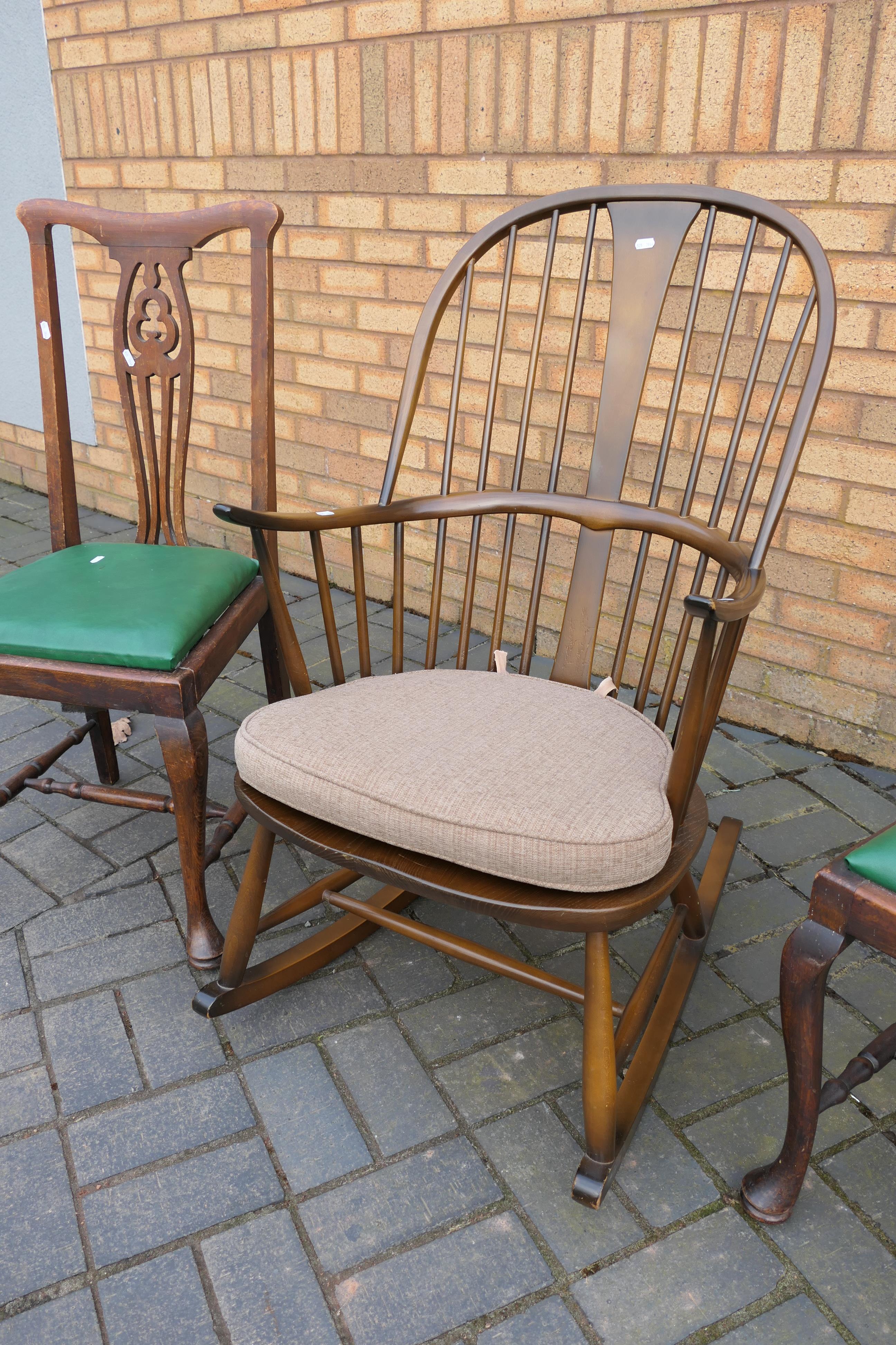 Ercol - An Ercol Chairmakers Windsor rocking chair (gold label) and two dining chairs. - Image 3 of 3