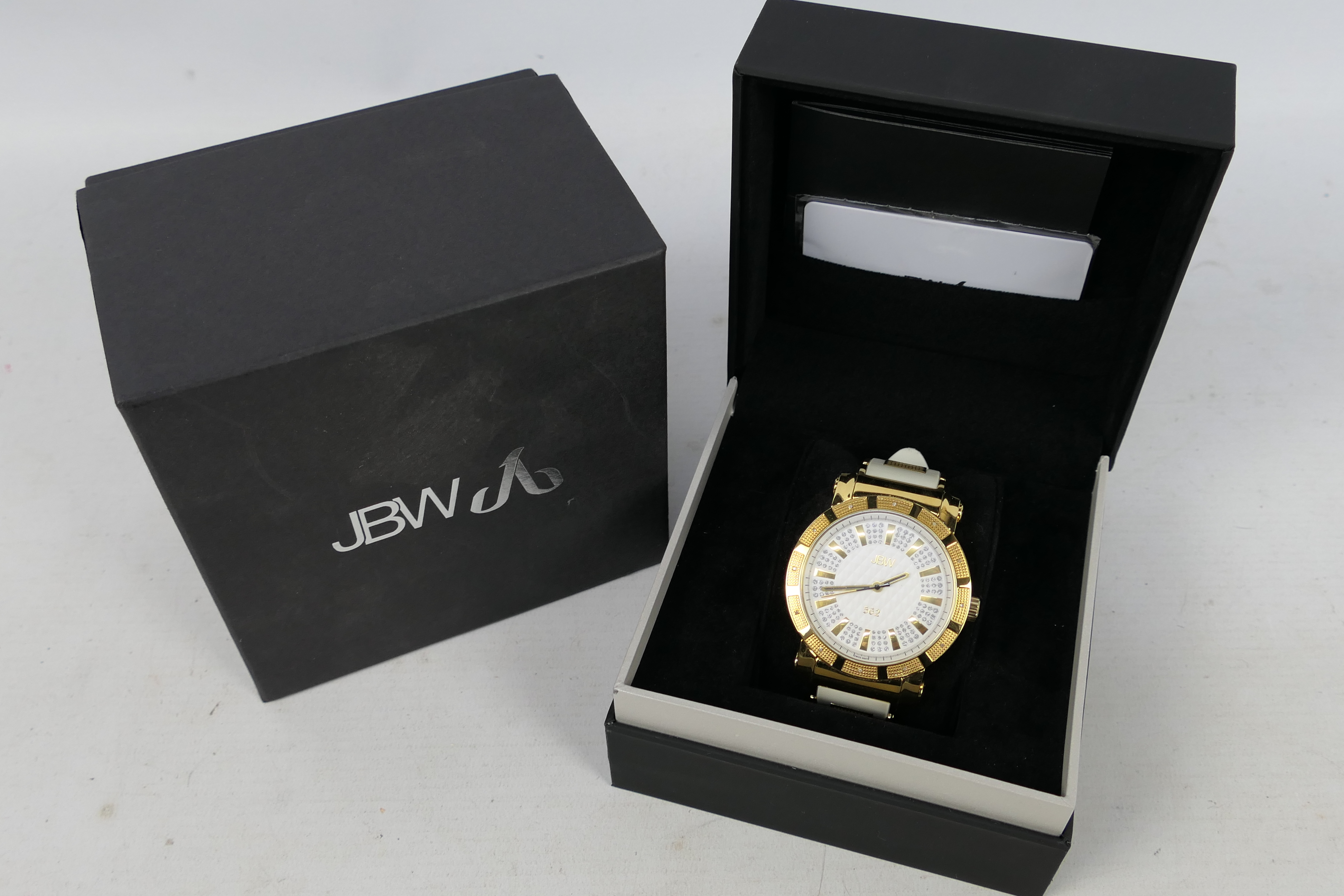 JBW pave dial diamond white watch # JB-6225-F, 18ct gold plate in presentation case with sundries,