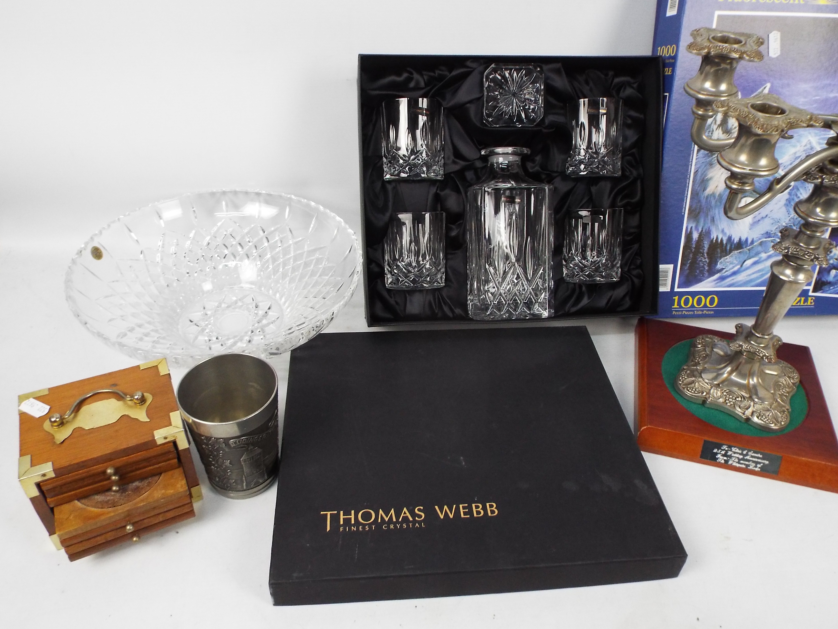 Lot to include plated candelabra, glassware including a boxed Thomas Webb decanter and glasses set, - Image 2 of 4