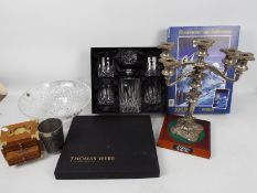 Lot to include plated candelabra, glassware including a boxed Thomas Webb decanter and glasses set,