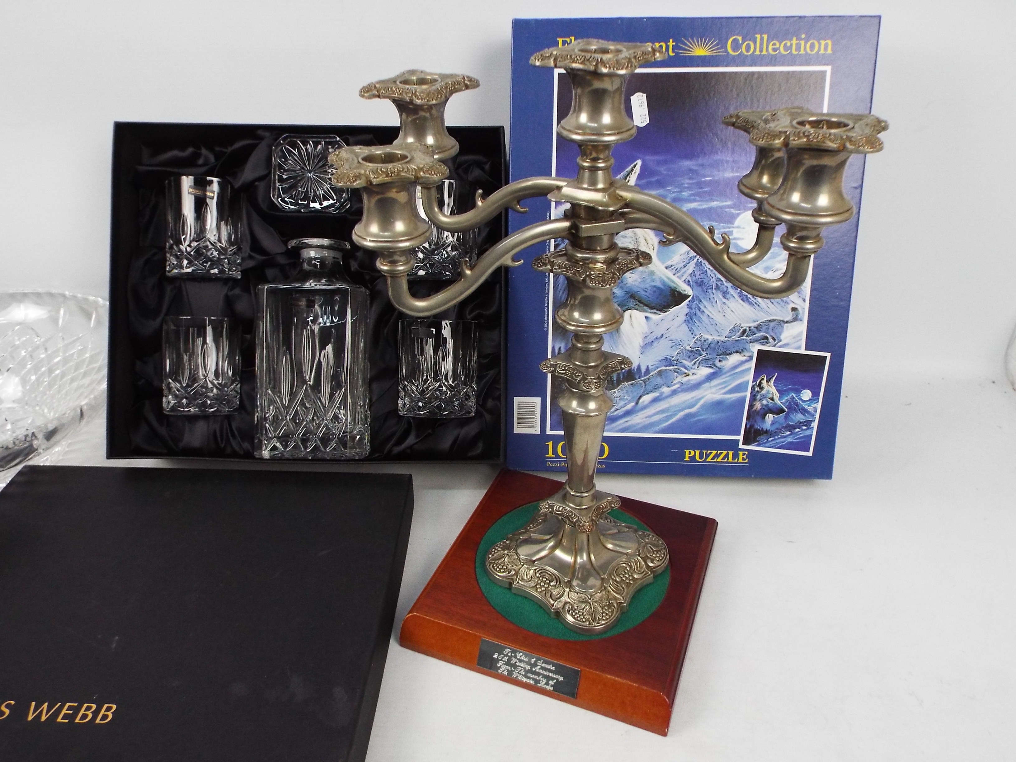 Lot to include plated candelabra, glassware including a boxed Thomas Webb decanter and glasses set, - Image 4 of 4